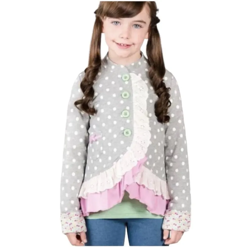 Matilda Jane Lead The Way Jacket Polka Dots Ruffled Hem Pink Gray Size 8